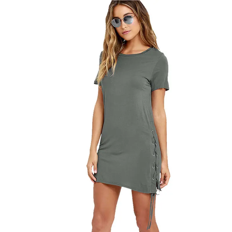 Lace Up Both Sides Cotton Little Black T Shirt Dress Casual Dress Pencil Short Sleeve Brief Skater Short Dress 5