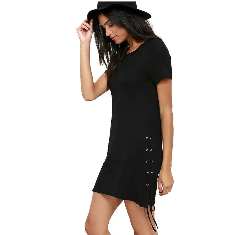 Lace Up Both Sides Cotton Little Black T Shirt Dress Casual Dress Pencil Short Sleeve Brief Skater Short Dress 6