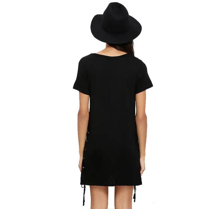 Lace Up Both Sides Cotton Little Black T Shirt Dress Casual Dress Pencil Short Sleeve Brief Skater Short Dress 7
