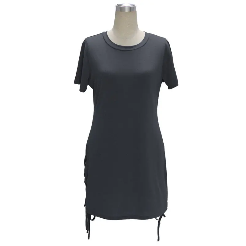 Lace Up Both Sides Cotton Little Black T Shirt Dress Casual Dress Pencil Short Sleeve Brief Skater Short Dress 8