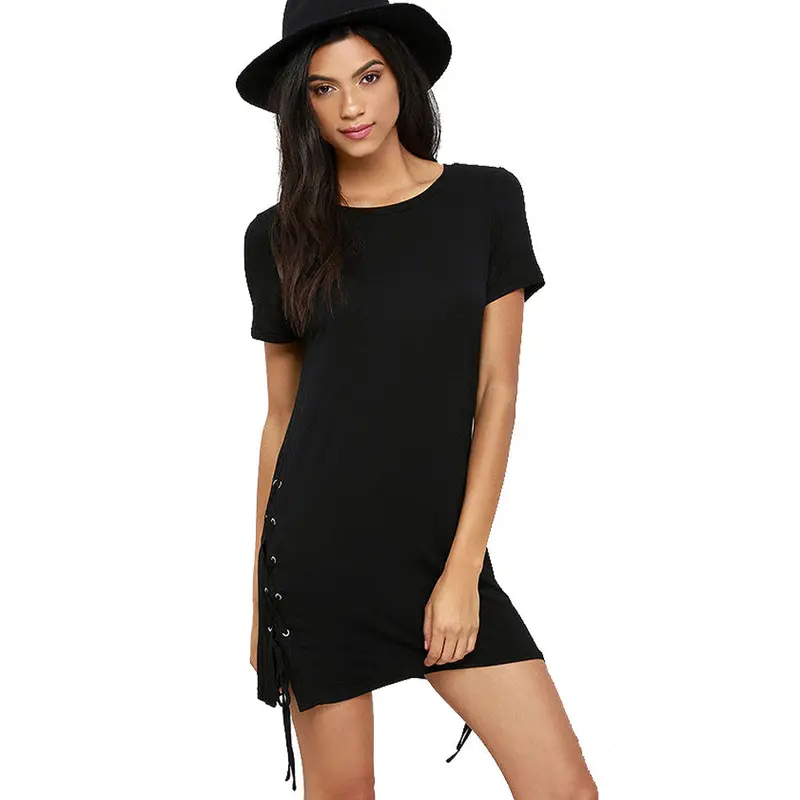 Lace Up Both Sides Cotton Little Black T Shirt Dress Casual Dress Pencil Short Sleeve Brief Skater Short Dress 9