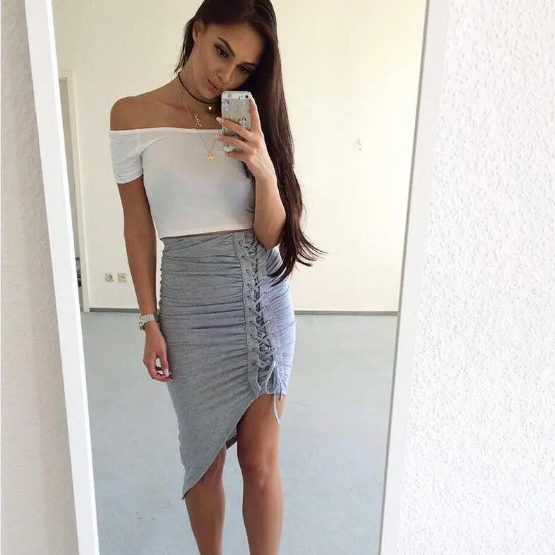 Lace Up High Waist Women Skirt Sexy Wrap Bodycon Skirt Midi Irregular Ol Pencil Skirt Jupe Longue Femme 1