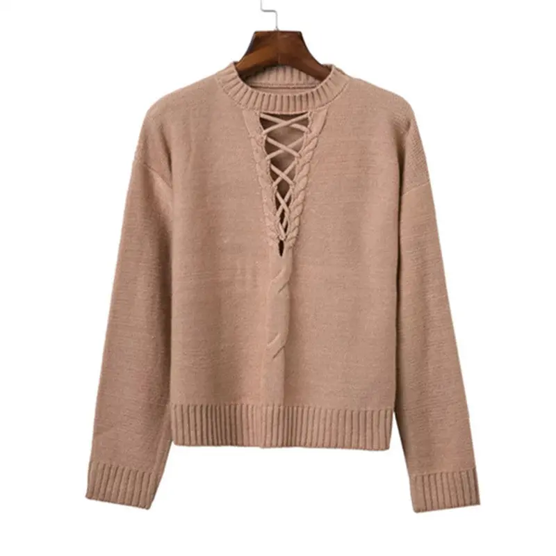 Lace Up Knitted Sweater Women Casual Black Halter Twist Pullover Long Sleeve Nude Jumper Pull Femme 1