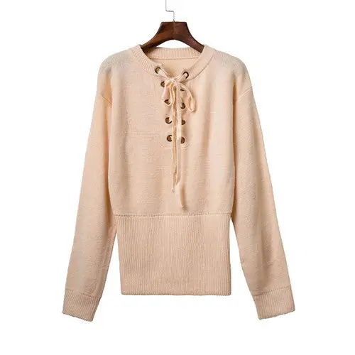 Lace Up Loose Knitwear Pullover Sexy Jumper Long Sleeve Knitted Top Sweater Women Casual Elastic Hem Pullover 1