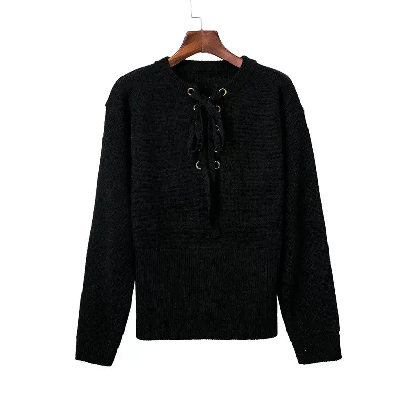 Lace Up Loose Knitwear Pullover Sexy Jumper Long Sleeve Knitted Top Sweater Women Casual Elastic Hem Pullover 2