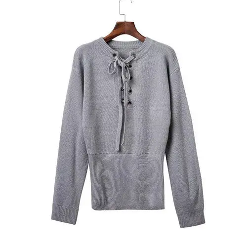 Lace Up Loose Knitwear Pullover Sexy Jumper Long Sleeve Knitted Top Sweater Women Casual Elastic Hem Pullover 3