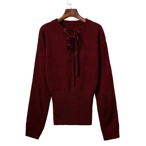 Lace Up Loose Knitwear Pullover Sexy Jumper Long Sleeve Knitted Top Sweater Women Casual Elastic Hem Pullover 4