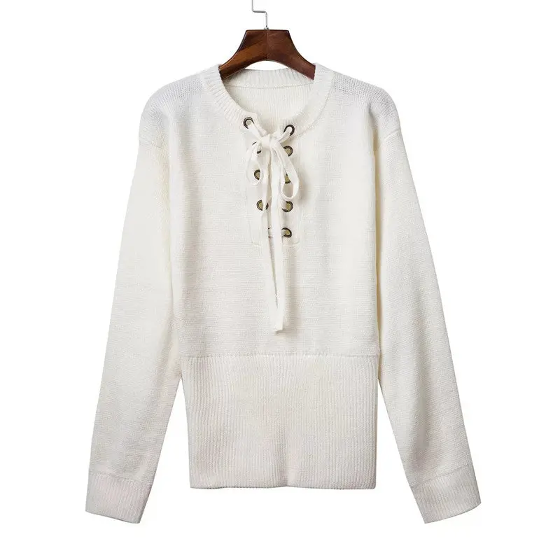 Lace Up Loose Knitwear Pullover Sexy Jumper Long Sleeve Knitted Top Sweater Women Casual Elastic Hem Pullover 5