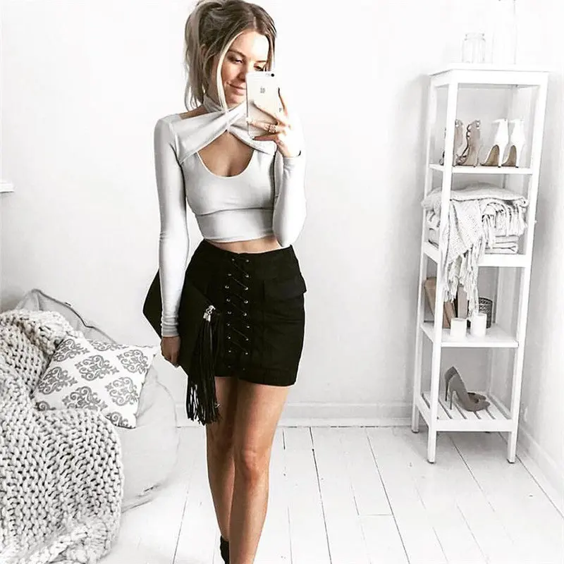 Lace Up Suede Leather Women Skirt Sexy High Waist Pencil Skirt Faldas Vintage Pocket Preppy Mini Skirt 5 Colors 1