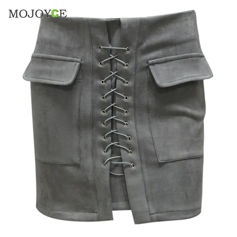 Lace-Up Suede Skirt for Women – High-Waist Cross-Strap Buckskin Mini Skirt