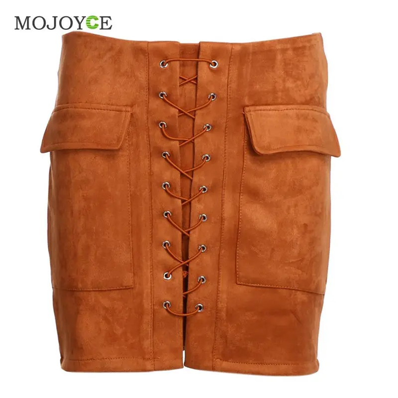 Lace-Up Suede Skirt for Women – High-Waist Cross-Strap Buckskin Mini Skirt