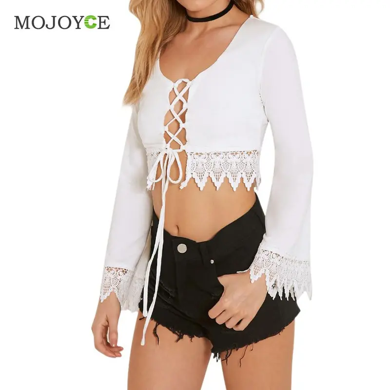 Lace Up White Chiffon Blouse Shirt Women Long Sleeve Casual Cross Chic Women Blouse Blusas Women Tops Blusas Y Camisas Mujer 1
