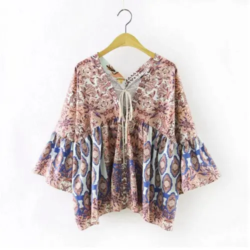 Lacing Up Flare Sleeve Shirt Women Vintage Floral Print V Neck 3/4 Bat Sleeve Cardigan Blouse Tops 1