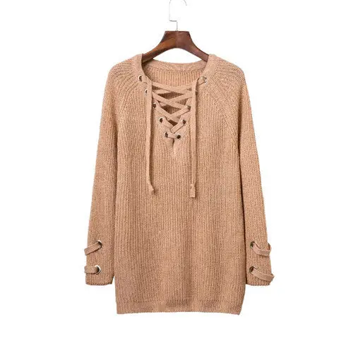 Lacing Up Women Sweaters And Pullovers Knitting Pull Femme Casual V Neck Loose Pullover Sweater Sueter Mujer 1