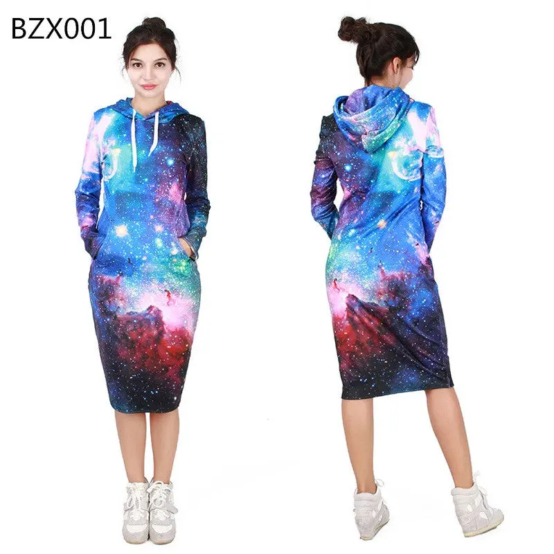 Ladies Casual 3D Digital Printing Hood Dress Withwithout Velvet Sexy Slim Bodycon Party Night Club Dresse 1