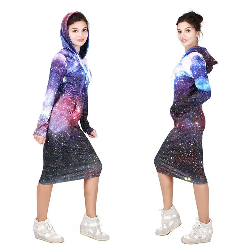 Ladies Casual 3D Digital Printing Hood Dress Withwithout Velvet Sexy Slim Party Night Club Dresse 1