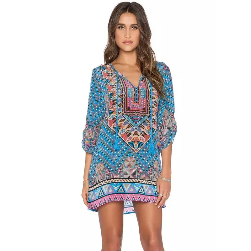 Ladies Dresses Women Dress Big Size Bohemian Neck Tie Vintage Ethnic Style Shift Dress Imported Clothing 1