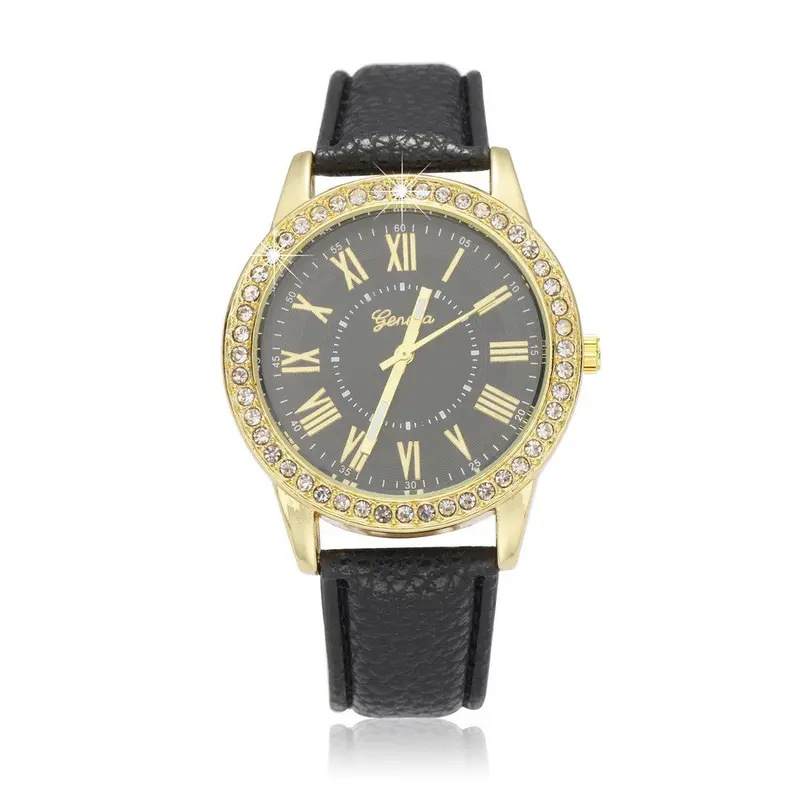 Ladies Golden Bling Crystal Faux Leather Strap Analog Quartz Wrist Watch Charm Watch For 1