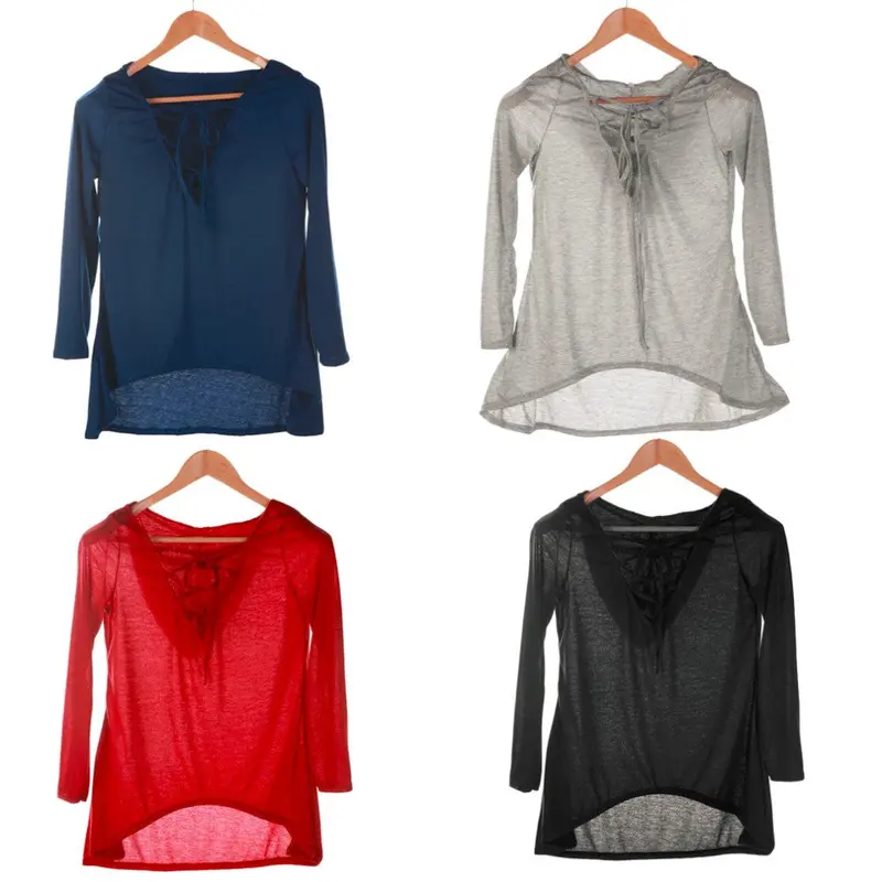 Ladies Hooded V-Neck Long Sleeve Casual Tops T-Shirt Irrigulars 10