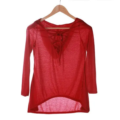 Ladies Hooded V-Neck Long Sleeve Casual Tops T-Shirt Irrigulars 9