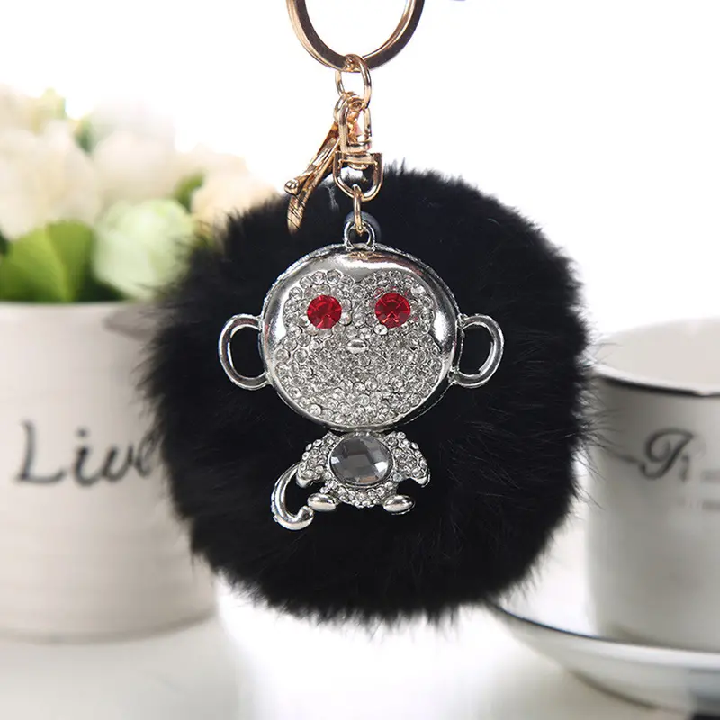 Ladies Key Chain Rabbit Fur Ball Rhinestone Monkey Keychain Bags Plush Key Ring Car Key Pendant Feida 1