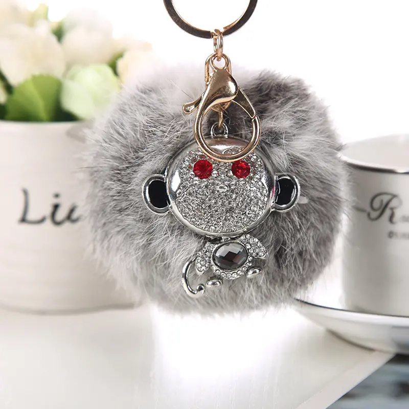 Ladies Key Chain Rabbit Fur Ball Rhinestone Monkey Keychain Bags Plush Key Ring Car Key Pendant Feida 2
