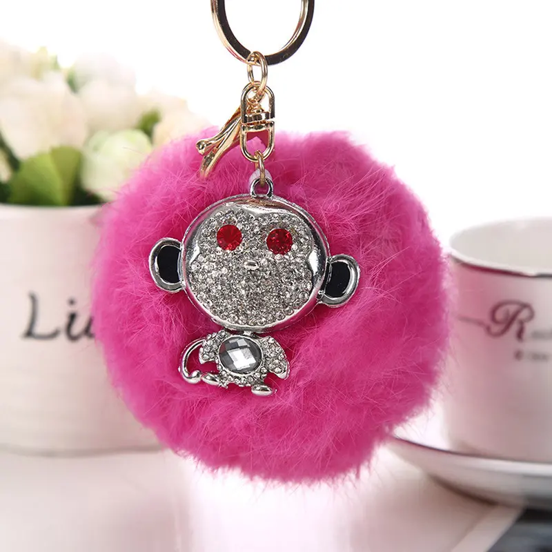 Ladies Key Chain Rabbit Fur Ball Rhinestone Monkey Keychain Bags Plush Key Ring Car Key Pendant Feida 3