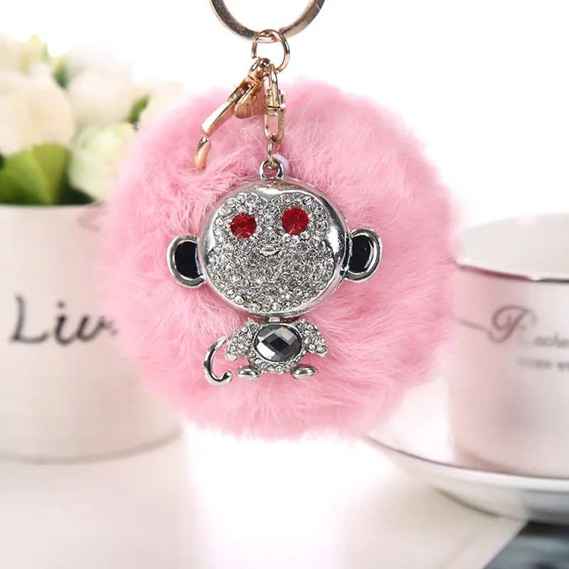 Ladies Key Chain Rabbit Fur Ball Rhinestone Monkey Keychain Bags Plush Key Ring Car Key Pendant Feida 4