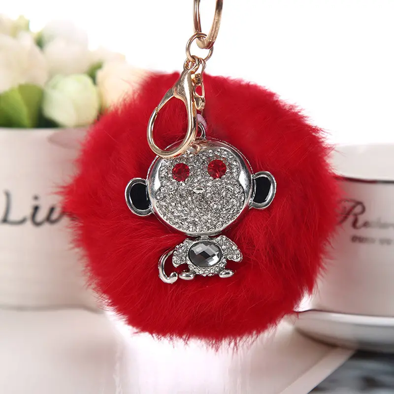 Ladies Key Chain Rabbit Fur Ball Rhinestone Monkey Keychain Bags Plush Key Ring Car Key Pendant Feida 5