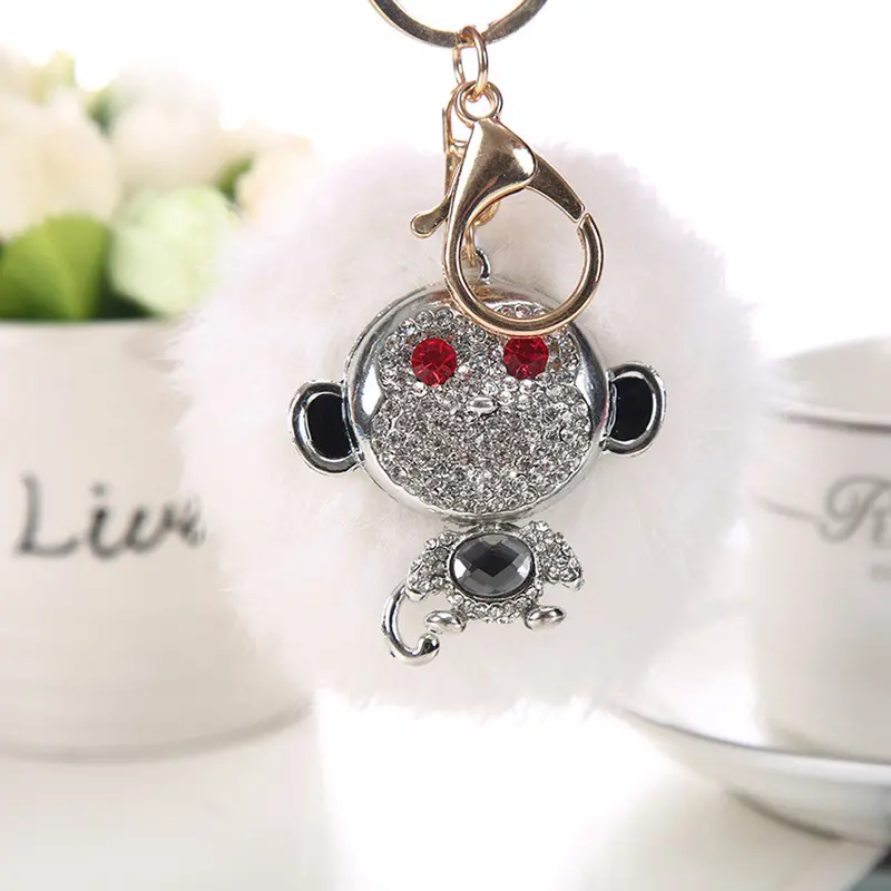 Ladies Key Chain Rabbit Fur Ball Rhinestone Monkey Keychain Bags Plush Key Ring Car Key Pendant Feida 6