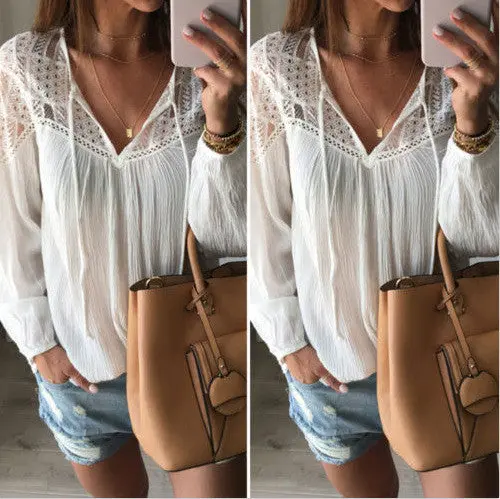 Ladies Lace Top Shirts Women Chiffon Loose Blouse White Casual Shirt Women Clothes Blusas Feminino M0429 1