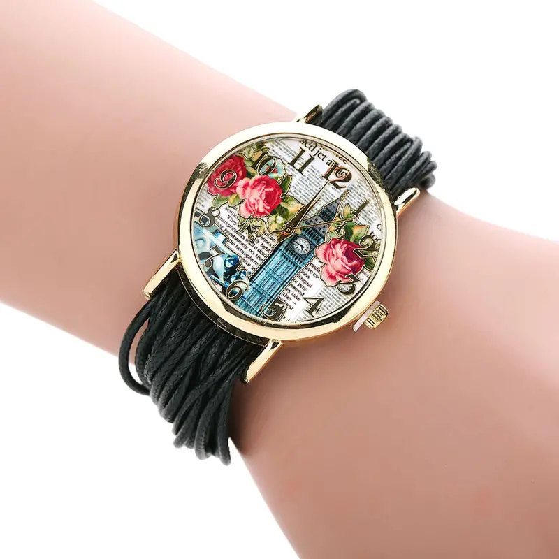 Ladies Leather Crystal Rhinestone Watches Women Beauty Print Quartz Wristwatch Hours Reloj Mujer Bracelet Watch 2