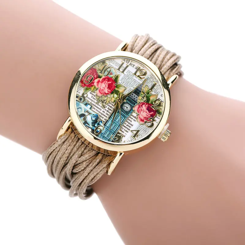 Ladies Leather Crystal Rhinestone Watches Women Beauty Print Quartz Wristwatch Hours Reloj Mujer Bracelet Watch 5