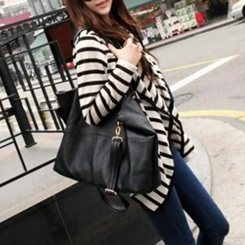 Ladies Long Sleeve Striped Cottoncasual Top Cardigan Blouse Jacket Coat Pop 1