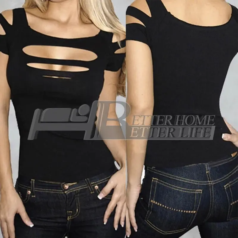 Ladies S Sexy Ripped,Slashed Black Tight T Shirt,Top Clubwear Cut Out Tee Club Goth Punk Rave 1