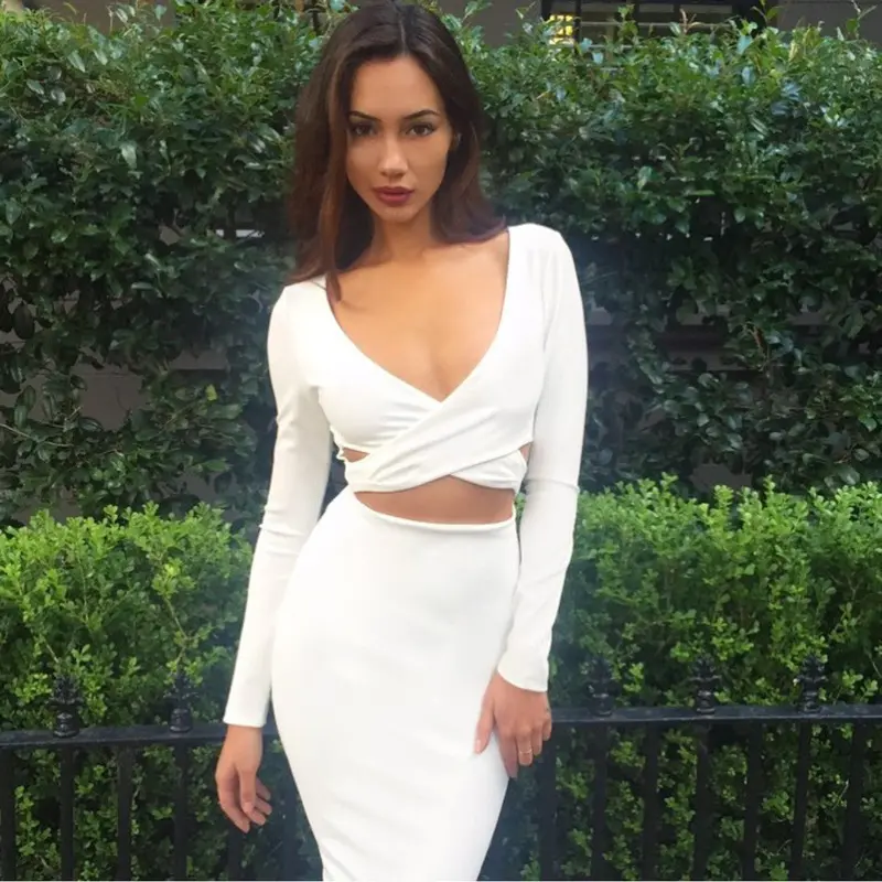 Ladies Sexy Clubwear Long Sleeve Deep-V Neck Bodycon Dress Hollow Out Slim Pencil Dress Solid Vestidos M0522 10
