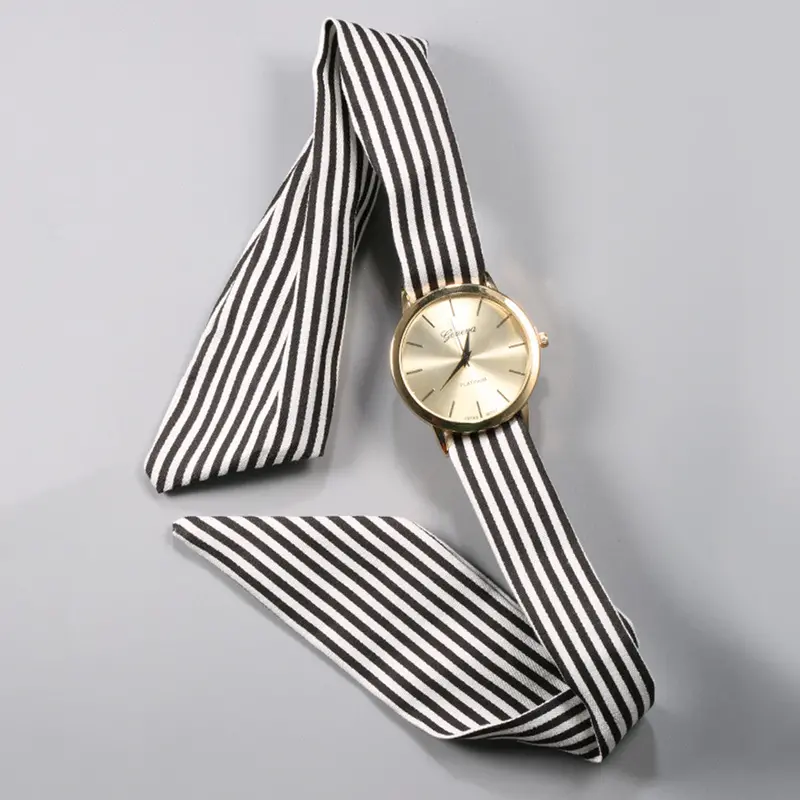 Ladies Stripe Floral Cloth Wrist Watch Dress Watchfabric Watch Sweet Girls Watch 3