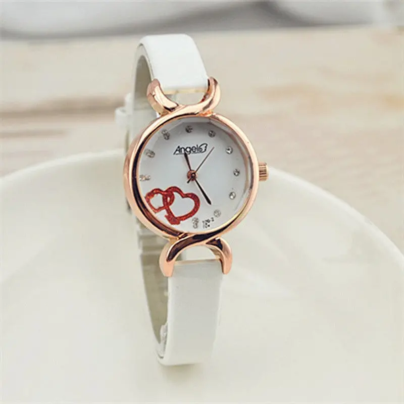 Ladies Style Casual Thin Band Leather Round Double Love Wrist Watch 5 Colors Available 1