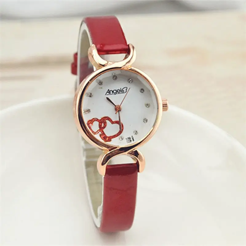 Ladies Style Casual Thin Band Leather Round Double Love Wrist Watch 5 Colors Available 2