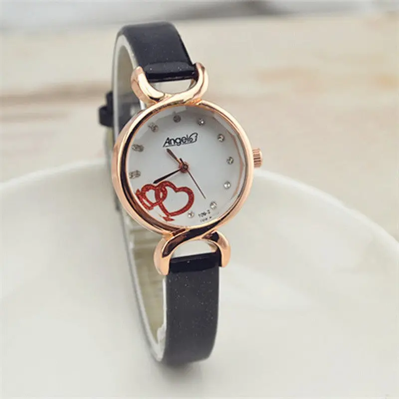 Ladies Style Casual Thin Band Leather Round Double Love Wrist Watch 5 Colors Available 3
