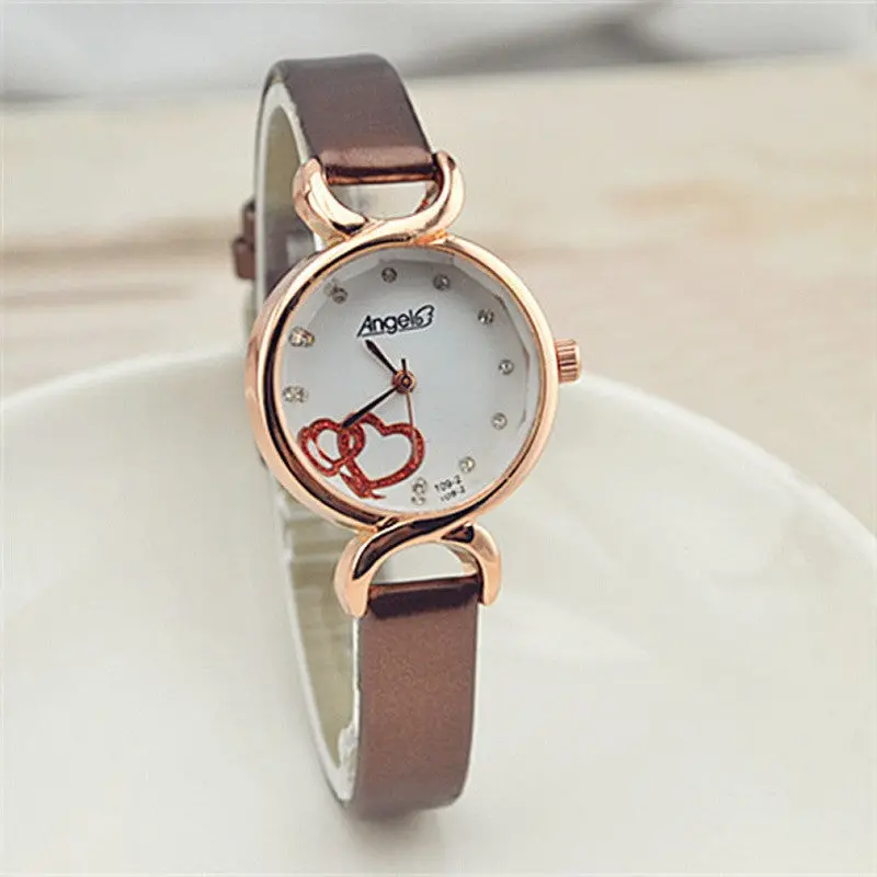 Ladies Style Casual Thin Band Leather Round Double Love Wrist Watch 5 Colors Available 4