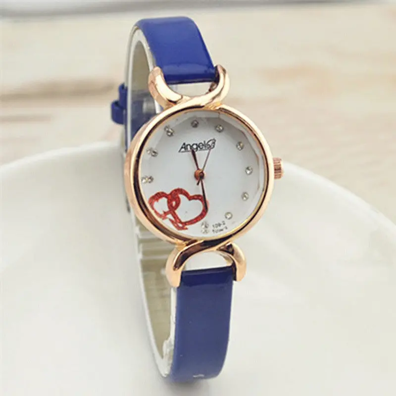 Ladies Style Casual Thin Band Leather Round Double Love Wrist Watch 5 Colors Available 5