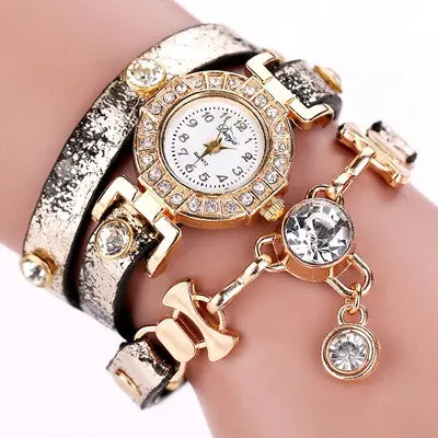 Ladies Watch Crystal Rhinestone Pu Leather Watches Women Dress Quartz Clock Hours Reloj Mujer Gold Color 1