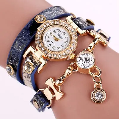 Ladies Watch Crystal Rhinestone Pu Leather Watches Women Dress Quartz Clock Hours Reloj Mujer Gold Color 2