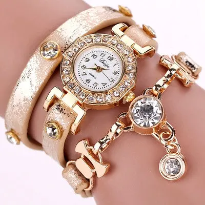 Ladies Watch Crystal Rhinestone Pu Leather Watches Women Dress Quartz Clock Hours Reloj Mujer Gold Color 3