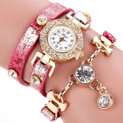 Ladies Watch Crystal Rhinestone Pu Leather Watches Women Dress Quartz Clock Hours Reloj Mujer Gold Color 5