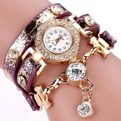 Ladies Watch Crystal Rhinestone Pu Leather Watches Women Dress Quartz Clock Hours Reloj Mujer Gold Color 7