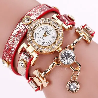 Ladies Watch Crystal Rhinestone Pu Leather Watches Women Dress Quartz Clock Hours Reloj Mujer Gold Color 8