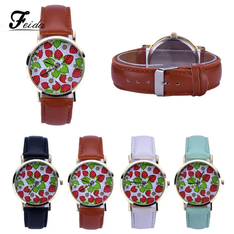 Ladies Watches Women Strawberry Pattern Leather Analog Quartz Wrist Watch Feida 1