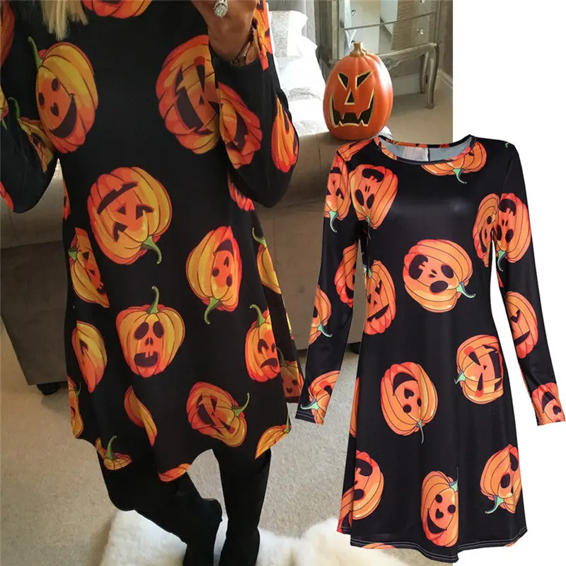 Ladies Women Dress Halloween Pumpkin Print Long Sleeve Dresses Party Swing Mini Dress Plus Size Feida 1